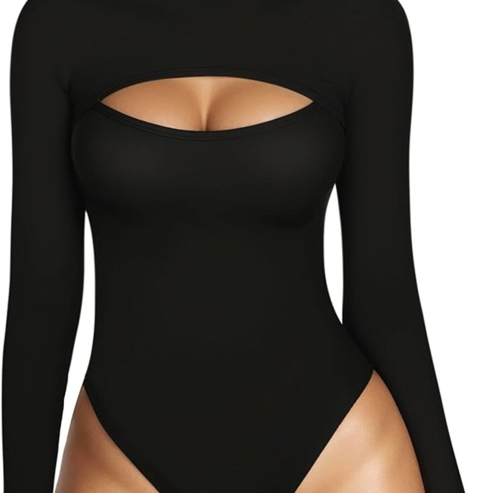 MANGOPOP Mock Neck Cutout Front Top Long Sleeve Short Sleeve Bodysuits for Women